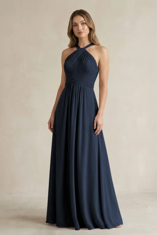 Cross Halter A-Line Pleated Bridesmaid Dress in Dark Navy made by KissProm