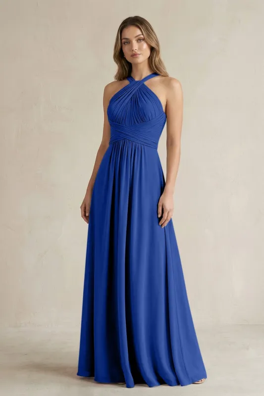 Cross Halter A-Line Pleated Bridesmaid Dress in Royal Blue made by KissProm