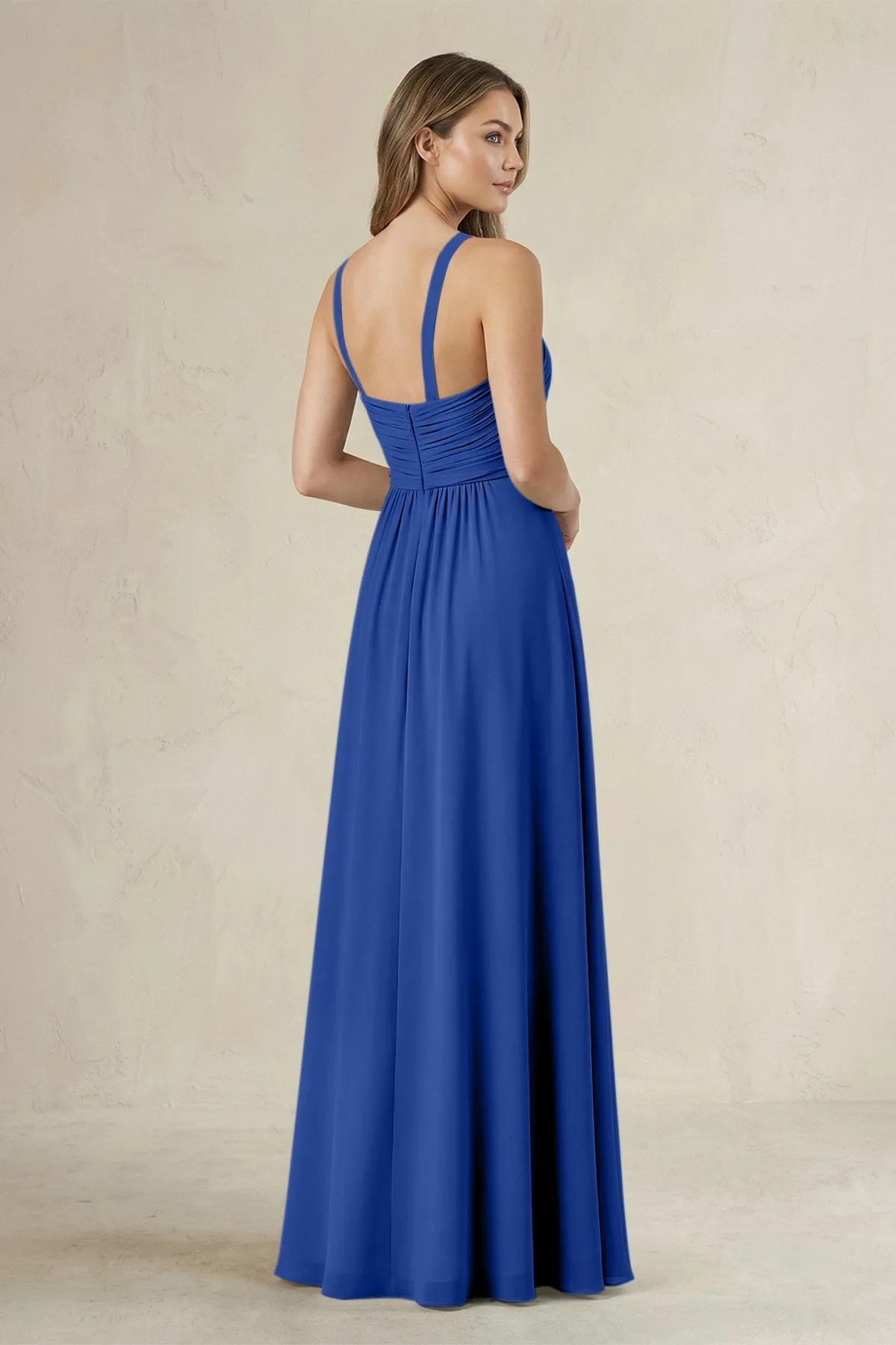 Cross Halter A-Line Pleated Bridesmaid Dress in Royal Blue sold by KissProm product image thumbnail 2