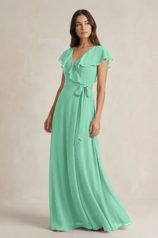 V-Neck A-Line Ruffled Chiffon Bridesmaid Dress With Bow in Turquoise made by KissProm