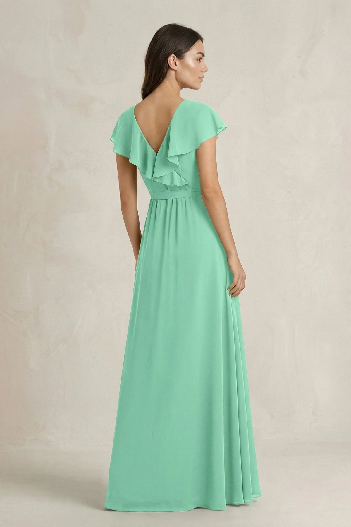 V-Neck A-Line Ruffled Chiffon Bridesmaid Dress With Bow in Turquoise sold by KissProm product image thumbnail 2