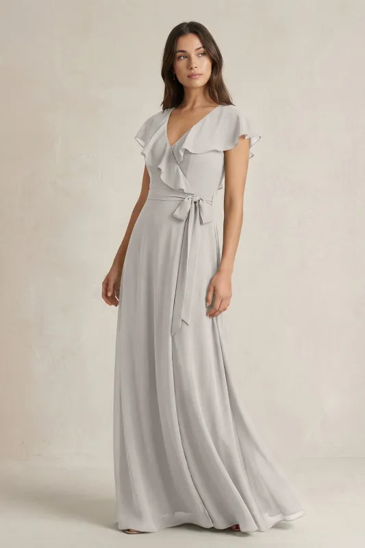 V-Neck A-Line Ruffled Chiffon Bridesmaid Dress With Bow  in Silver made by KissProm