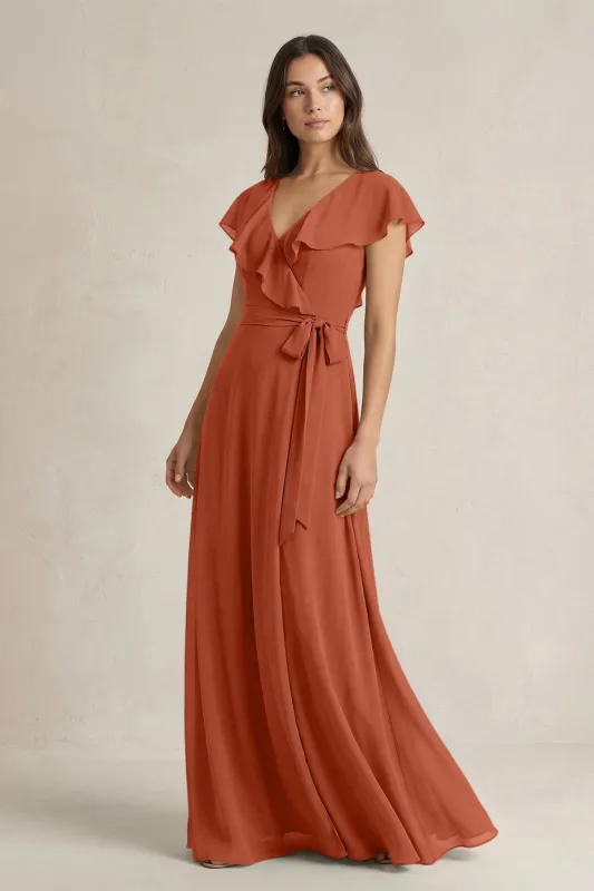 V-Neck A-Line Ruffled Chiffon Bridesmaid Dress With Bow  in Spice made by KissProm