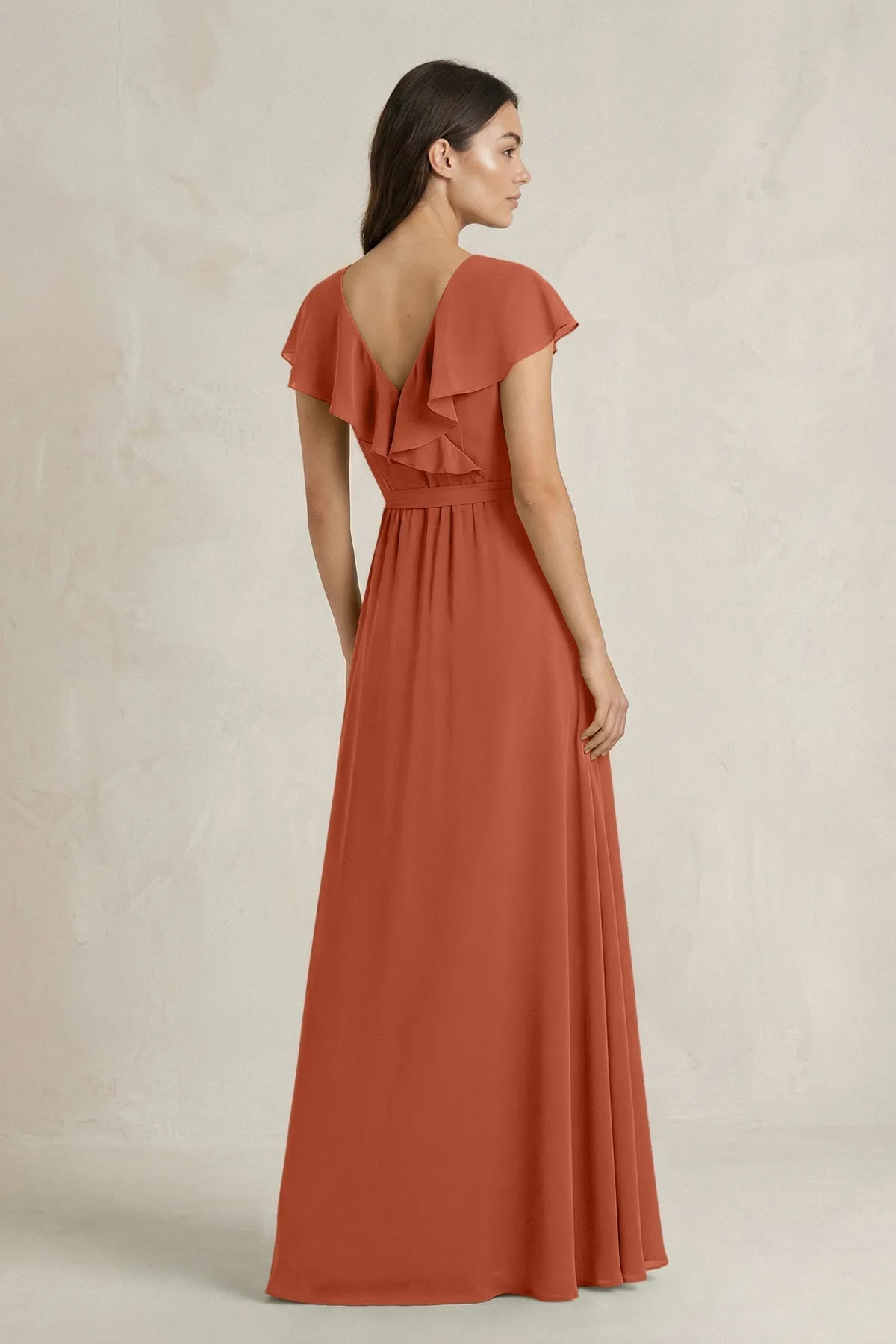 V-Neck A-Line Ruffled Chiffon Bridesmaid Dress With Bow in Spice sold by KissProm product image thumbnail 2