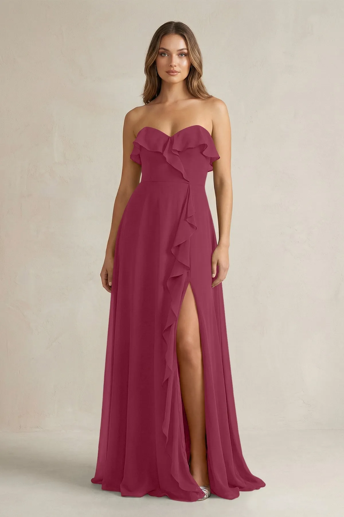 Sweetheart Ruffled A-Line Chiffon Bridesmaid Dress in Desert Rose sold by KissProm