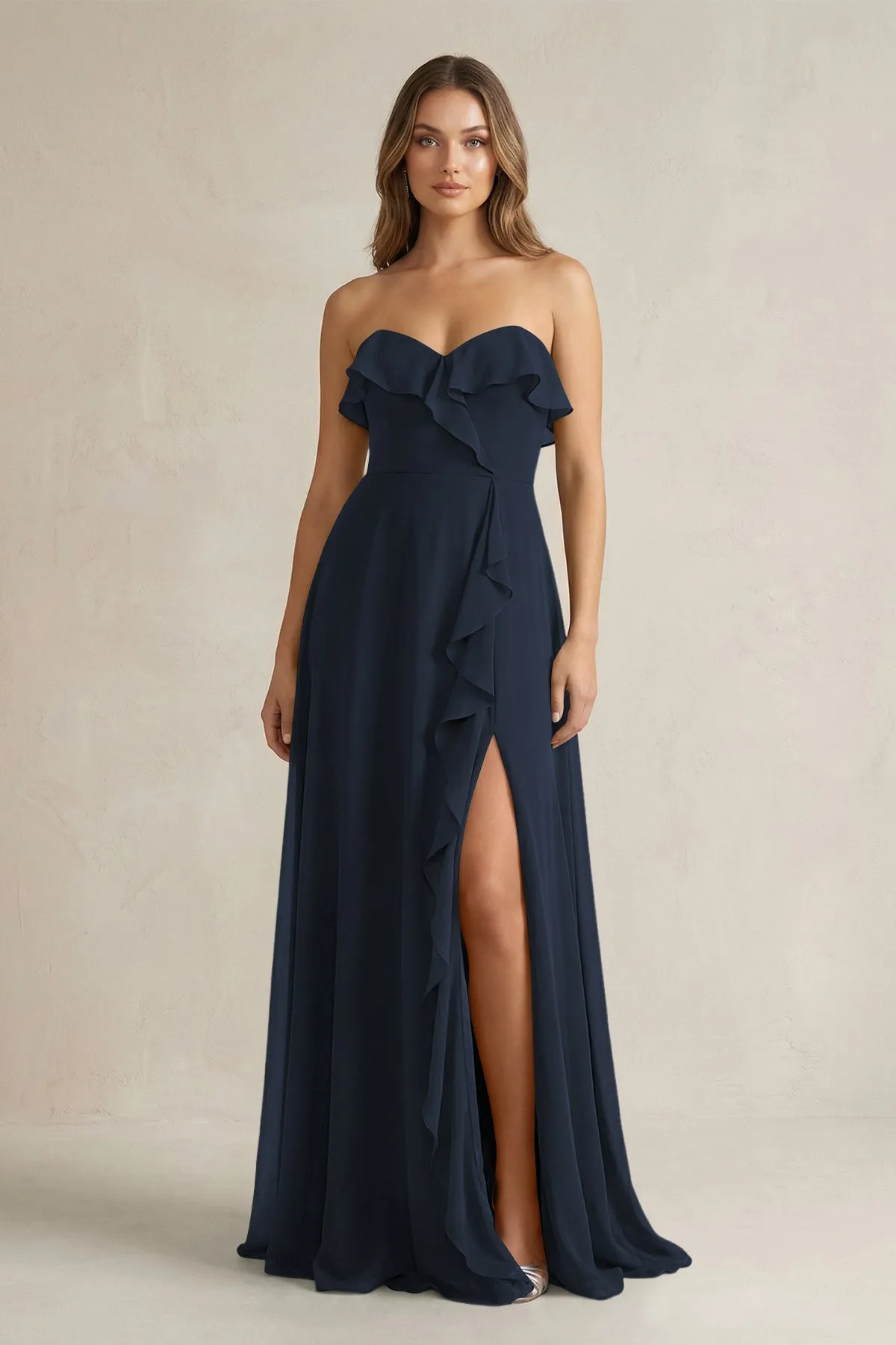 Sweetheart Ruffled A-Line Chiffon Bridesmaid Dress in Dark Navy sold by KissProm