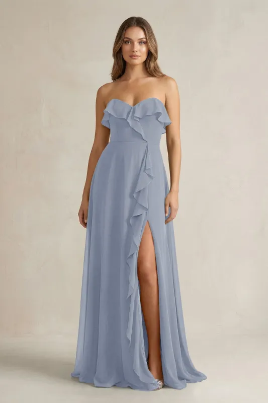 Sweetheart Ruffled A-Line Chiffon Bridesmaid Dress in Twilight made by KissProm