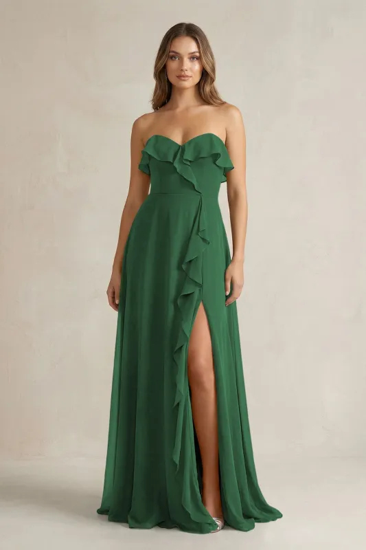 Sweetheart Ruffled A-Line Chiffon Bridesmaid Dress in Dark Green made by KissProm