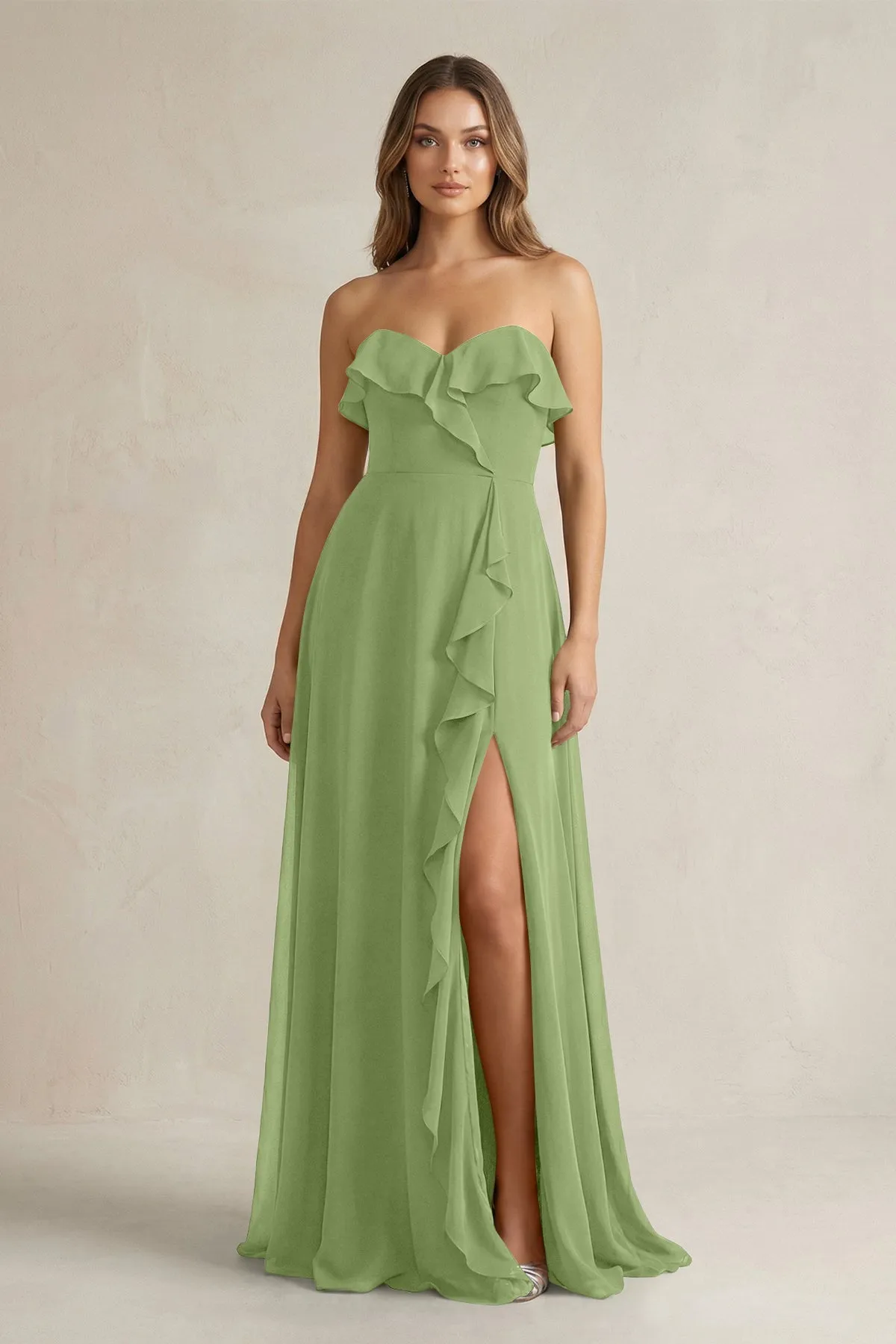 Sweetheart Ruffled A-Line Chiffon Bridesmaid Dress in Matcha sold by KissProm