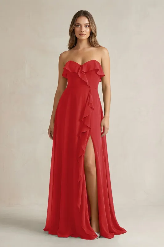 Sweetheart Ruffled A-Line Chiffon Bridesmaid Dress in Ruby Red made by KissProm