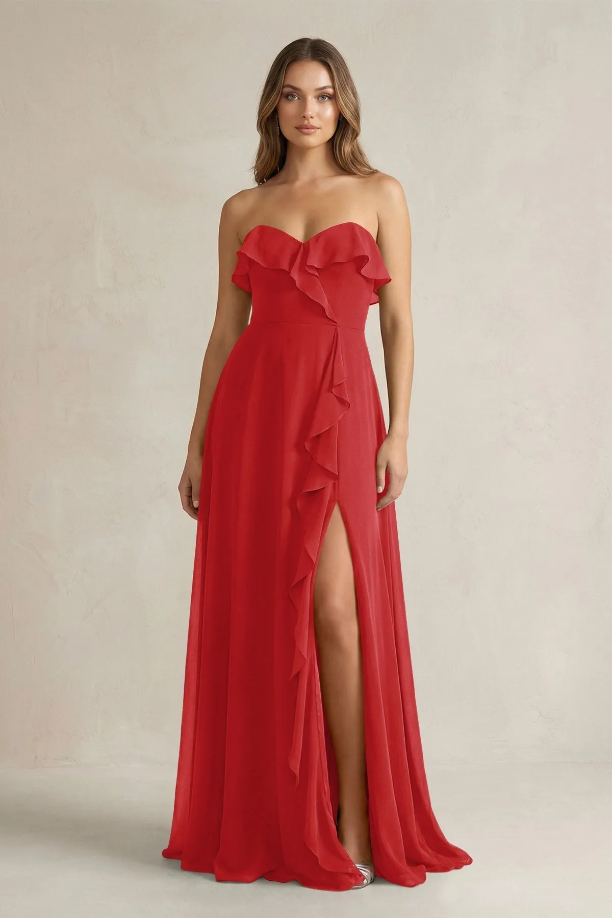 Sweetheart Ruffled A-Line Chiffon Bridesmaid Dress in Ruby Red sold by KissProm