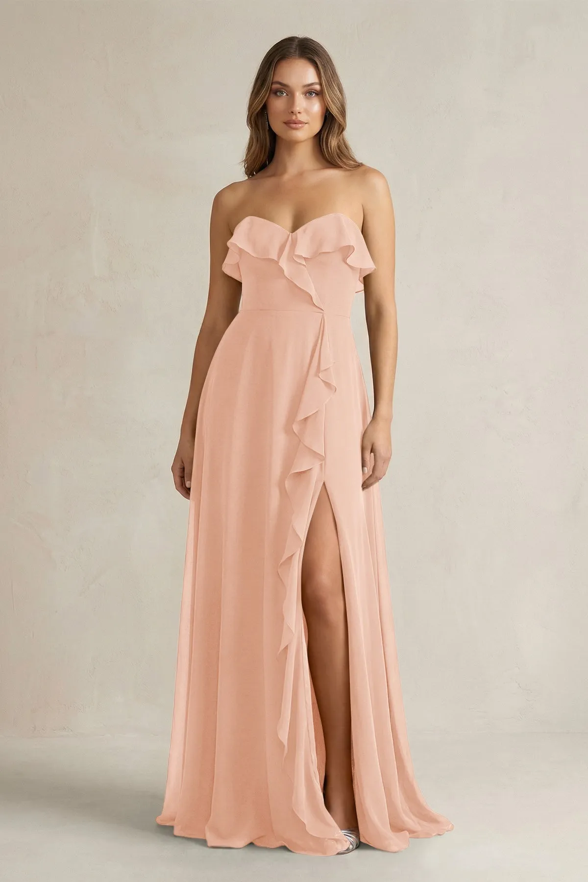 Sweetheart Ruffled A-Line Chiffon Bridesmaid Dress in English Rose sold by KissProm