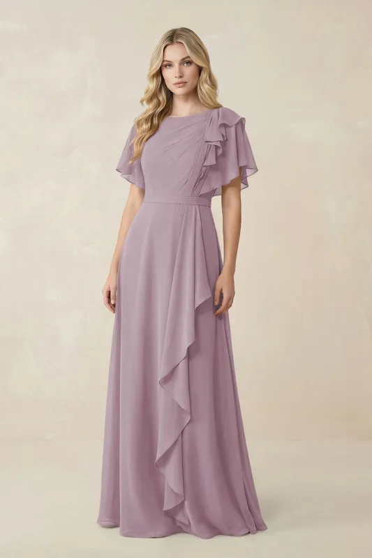 Short Sleeves Bateau A-Line Chiffon Bridesmaid Dress in Dusk made by KissProm