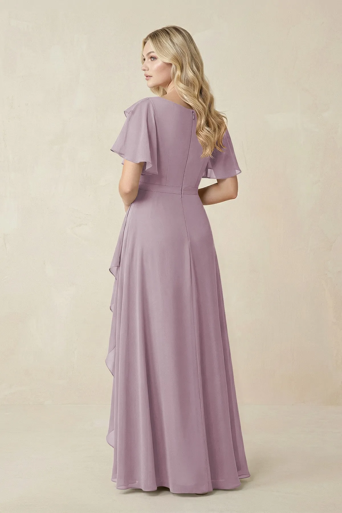 Short Sleeves Bateau A-Line Chiffon Bridesmaid Dress in Dusk sold by KissProm product image thumbnail 2