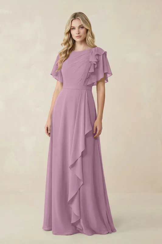 Short Sleeves Bateau A-Line Chiffon Bridesmaid Dress in Wisteria made by KissProm