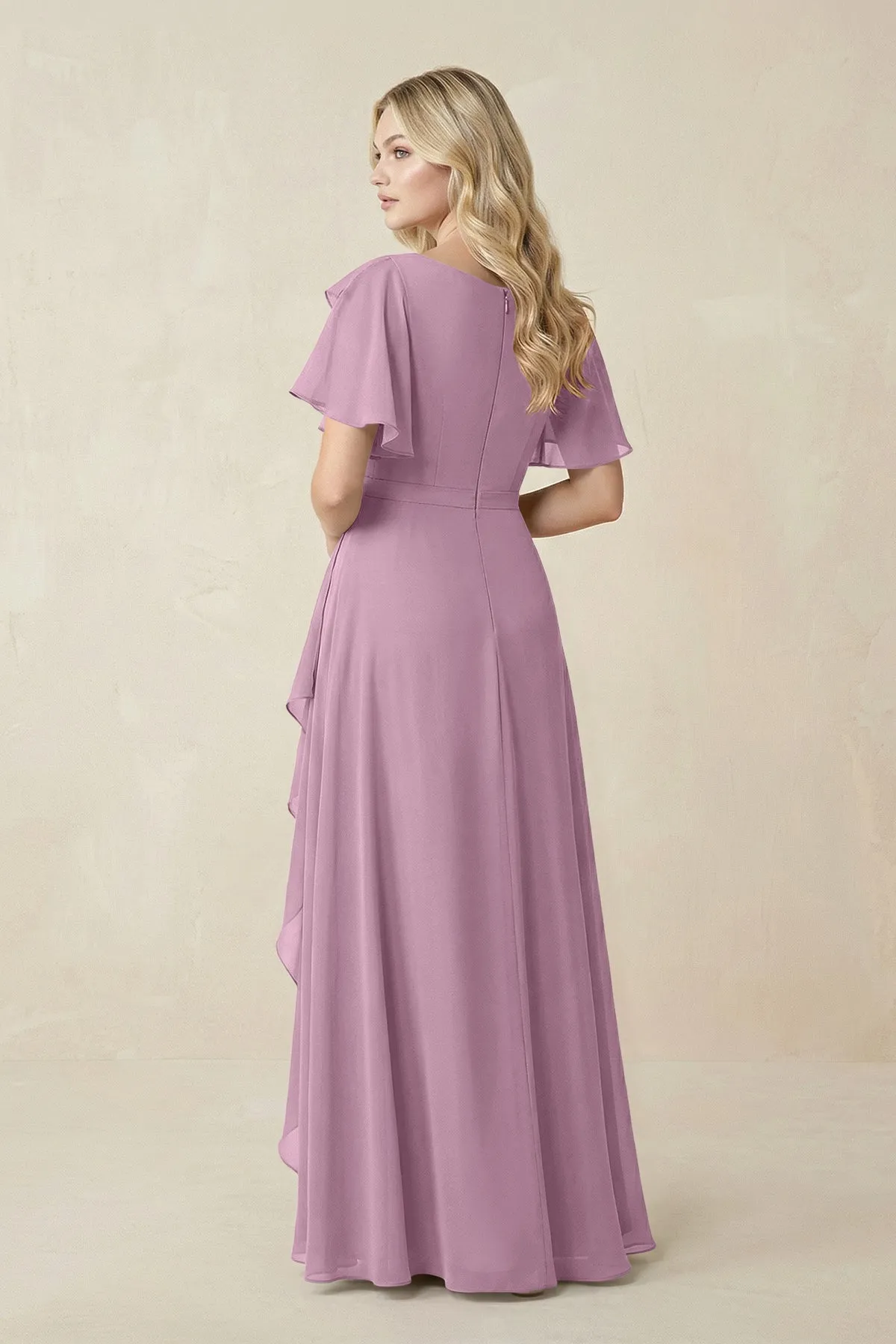 Short Sleeves Bateau A-Line Chiffon Bridesmaid Dress in Wisteria sold by KissProm product image thumbnail 2