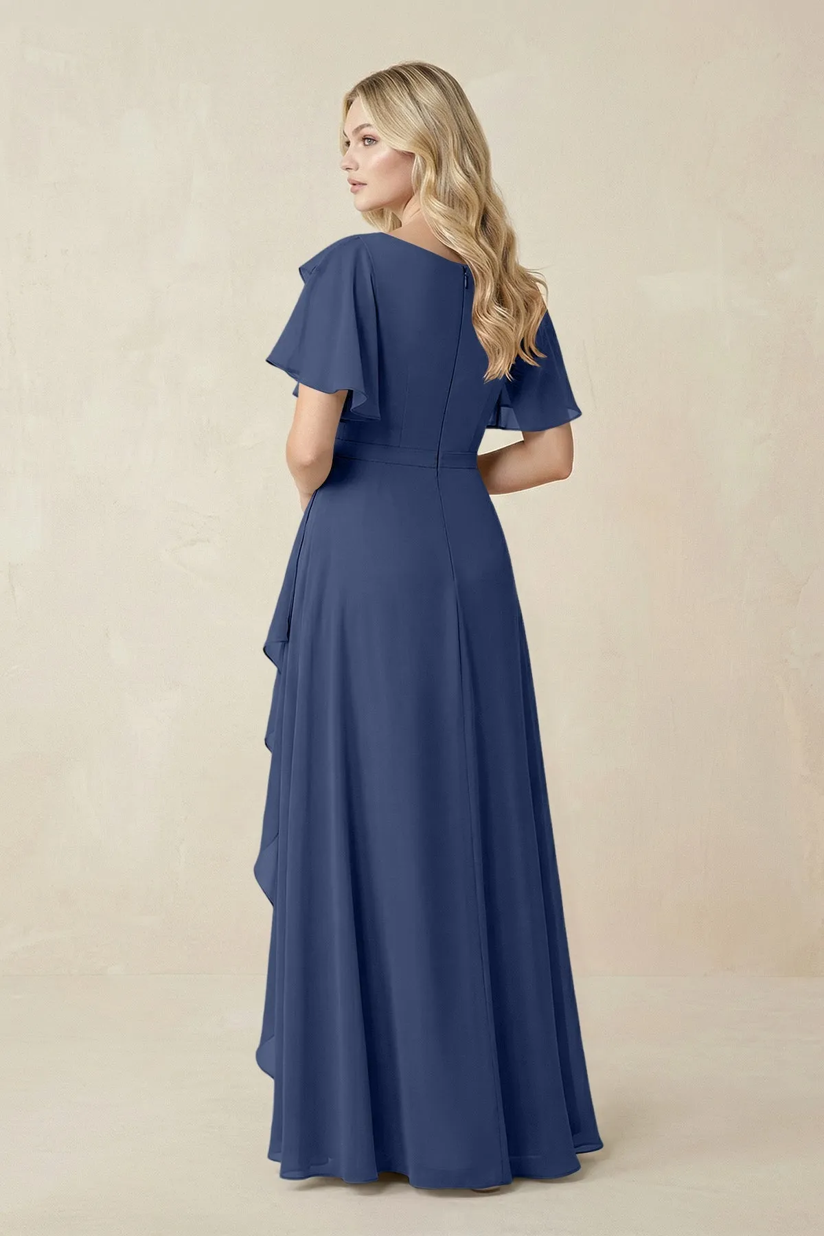 Short Sleeves Bateau A-Line Chiffon Bridesmaid Dress in Navy sold by KissProm product image thumbnail 2