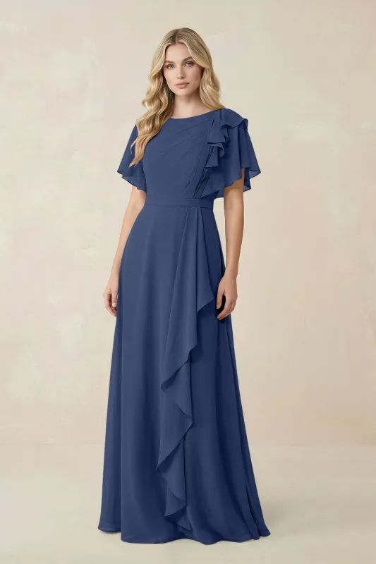 Short Sleeves Bateau A-Line Chiffon Bridesmaid Dress in Navy made by KissProm