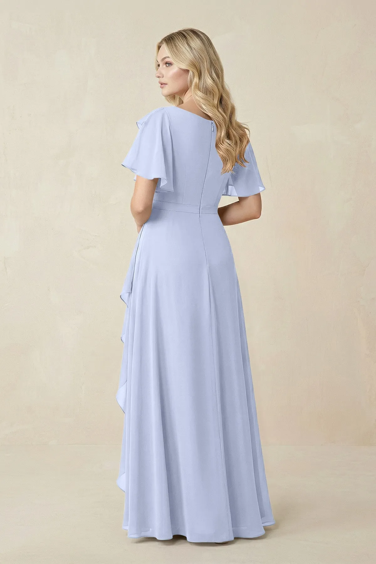 Short Sleeves Bateau A-Line Chiffon Bridesmaid Dress in Ice sold by KissProm product image thumbnail 2
