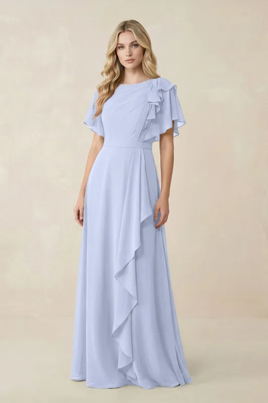 Short Sleeves Bateau A-Line Chiffon Bridesmaid Dress in Ice made by KissProm