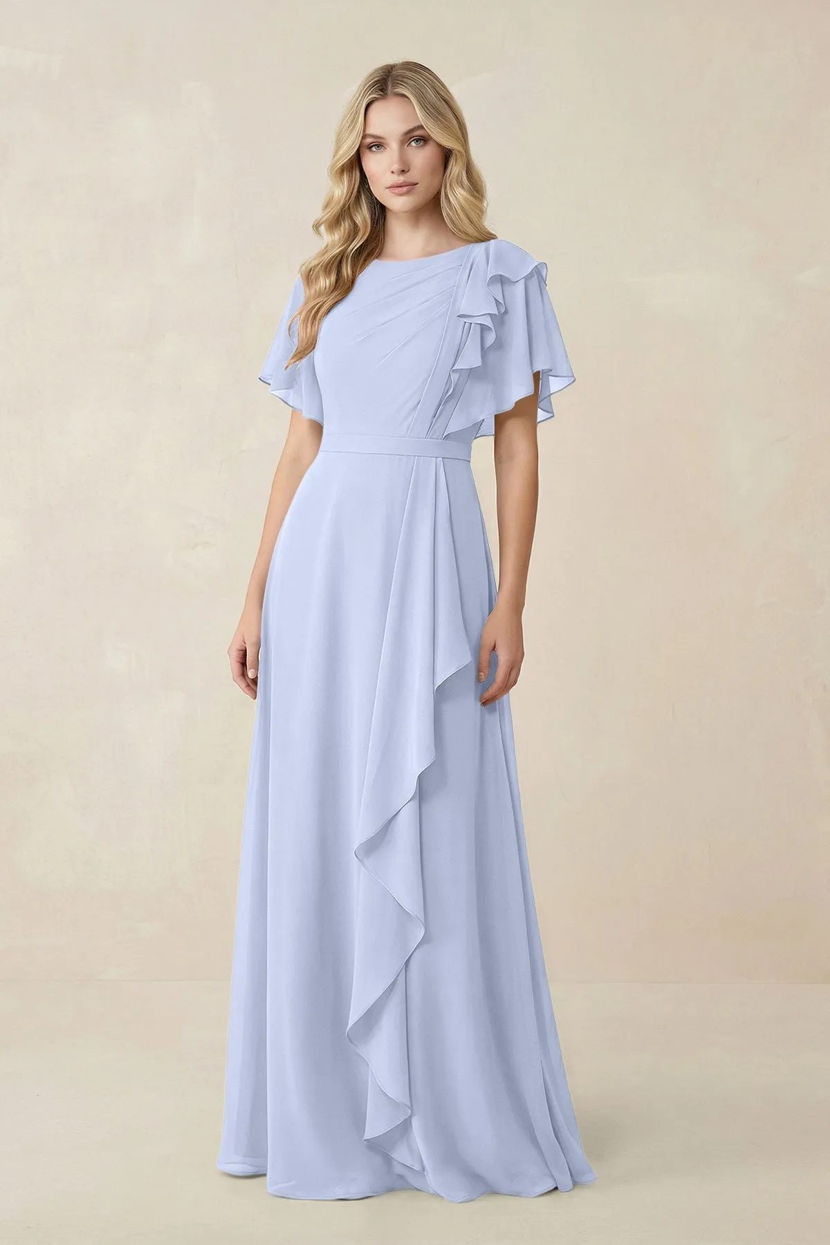 Short Sleeves Bateau A-Line Chiffon Bridesmaid Dress in Ice sold by KissProm