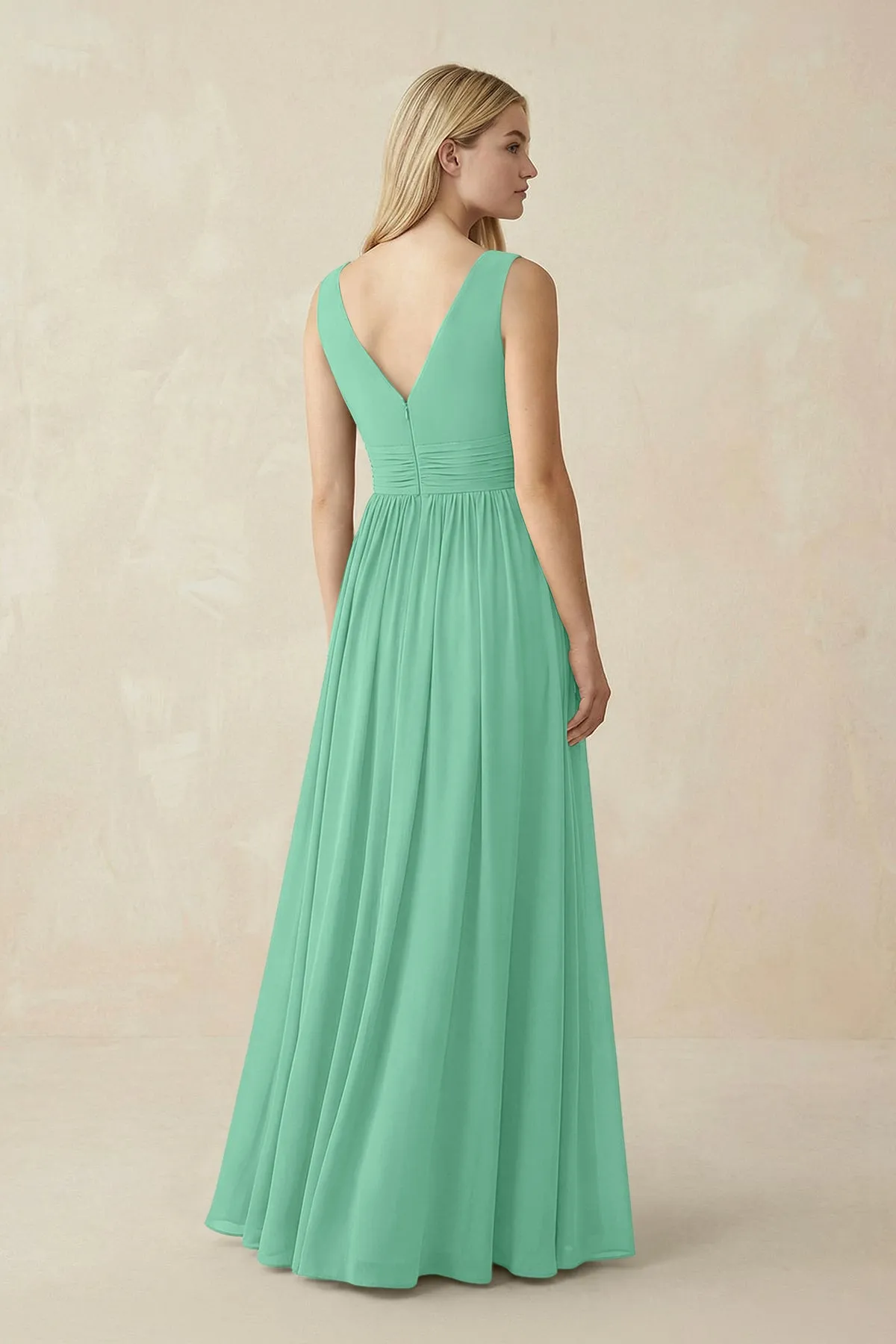 V-Neck Chiffon Pleated A-Line Bridesmaid Dress in Turquoise sold by KissProm product image thumbnail 2