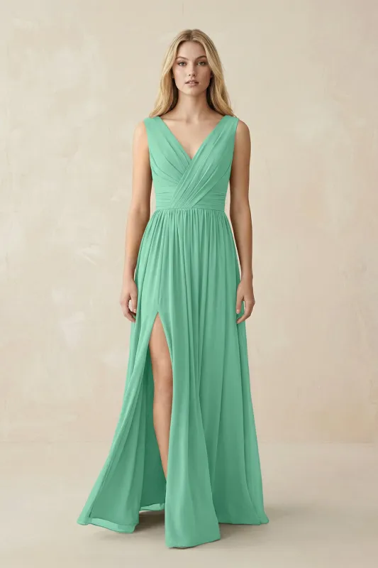 V-Neck Chiffon Pleated A-Line Bridesmaid Dress in Turquoise made by KissProm