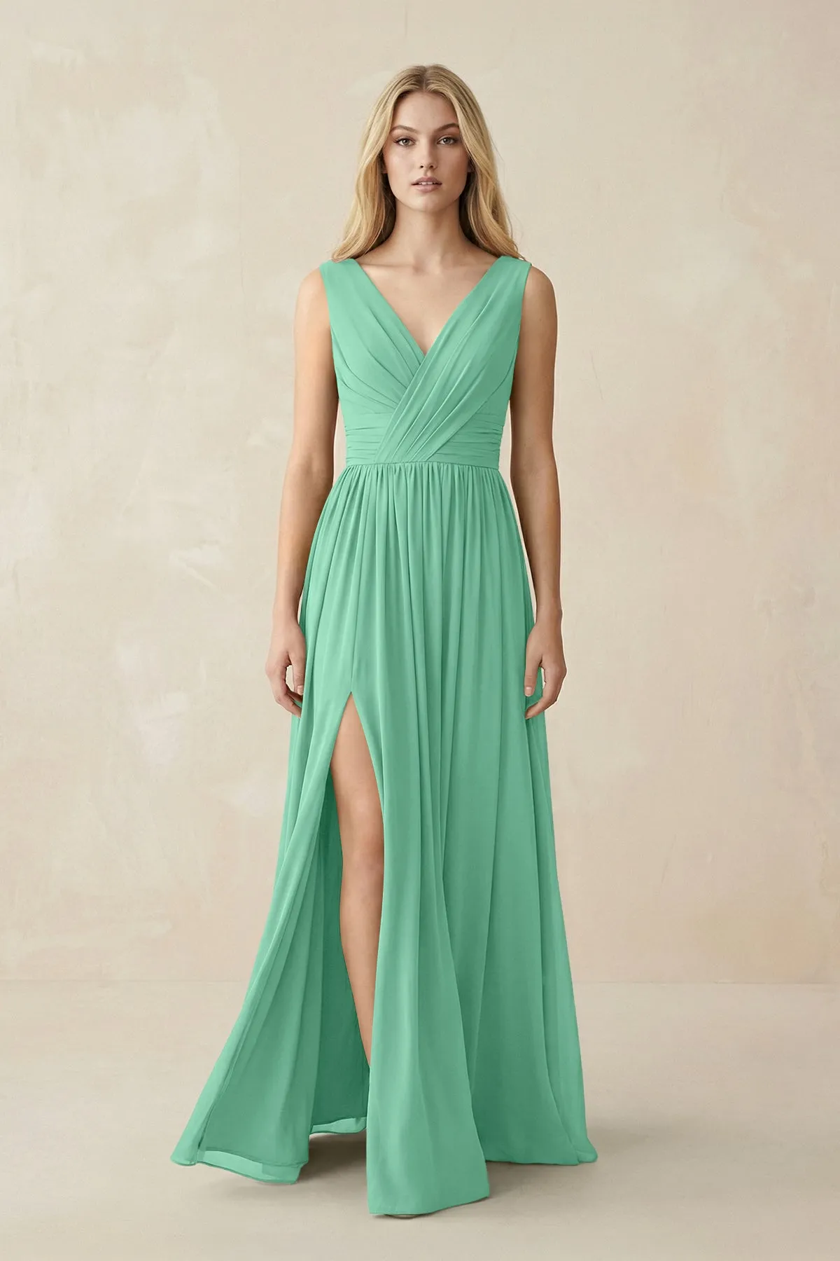 V-Neck Chiffon Pleated A-Line Bridesmaid Dress in Turquoise sold by KissProm