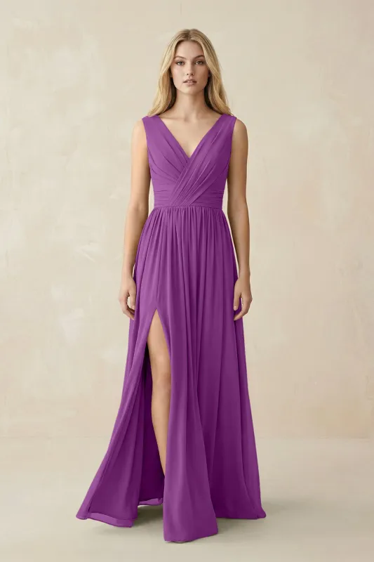V-Neck Chiffon Pleated A-Line Bridesmaid Dress in Amethyst made by KissProm