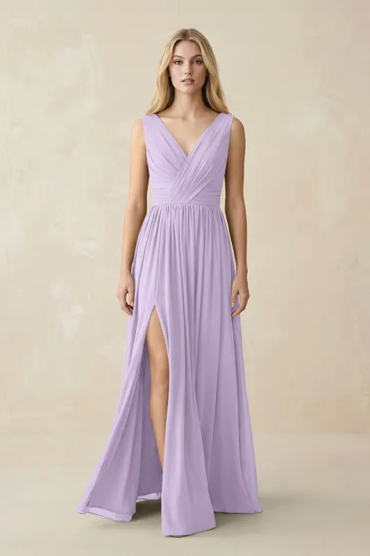 V-Neck Chiffon Pleated A-Line Bridesmaid Dress in Lavender made by KissProm
