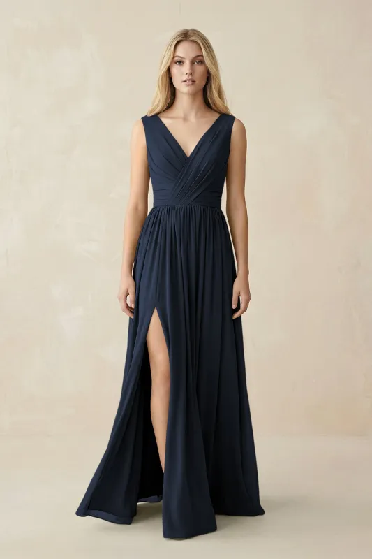 V-Neck Chiffon Pleated A-Line Bridesmaid Dress in Dark Navy made by KissProm