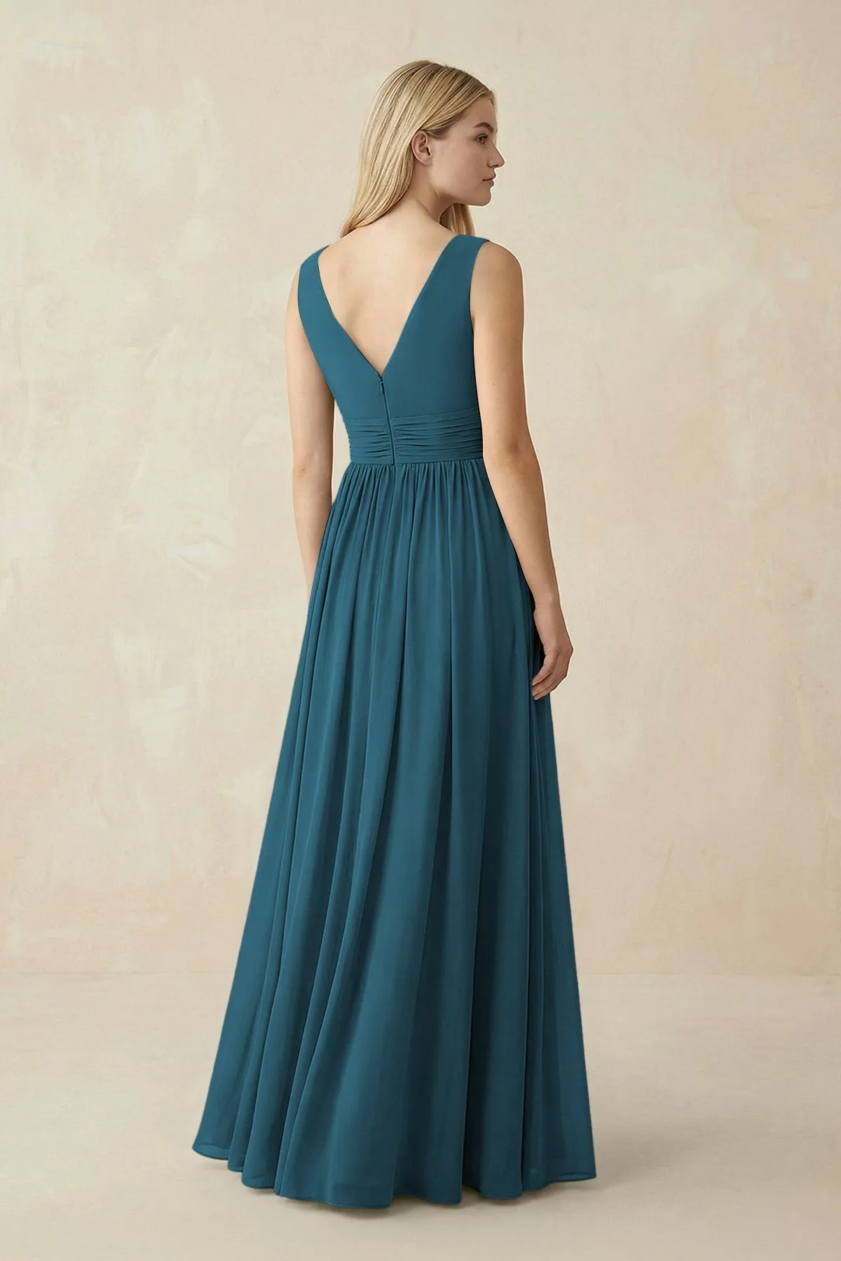 V-Neck Chiffon Pleated A-Line Bridesmaid Dress in Dark Teal sold by KissProm product image thumbnail 2