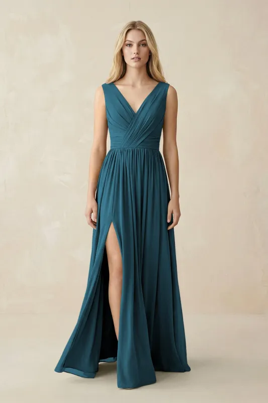V-Neck Chiffon Pleated A-Line Bridesmaid Dress in Dark Teal made by KissProm
