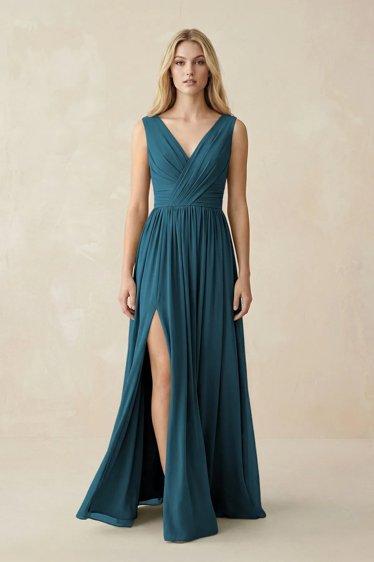 V-Neck Chiffon Pleated A-Line Bridesmaid Dress in Dark Teal sold by KissProm
