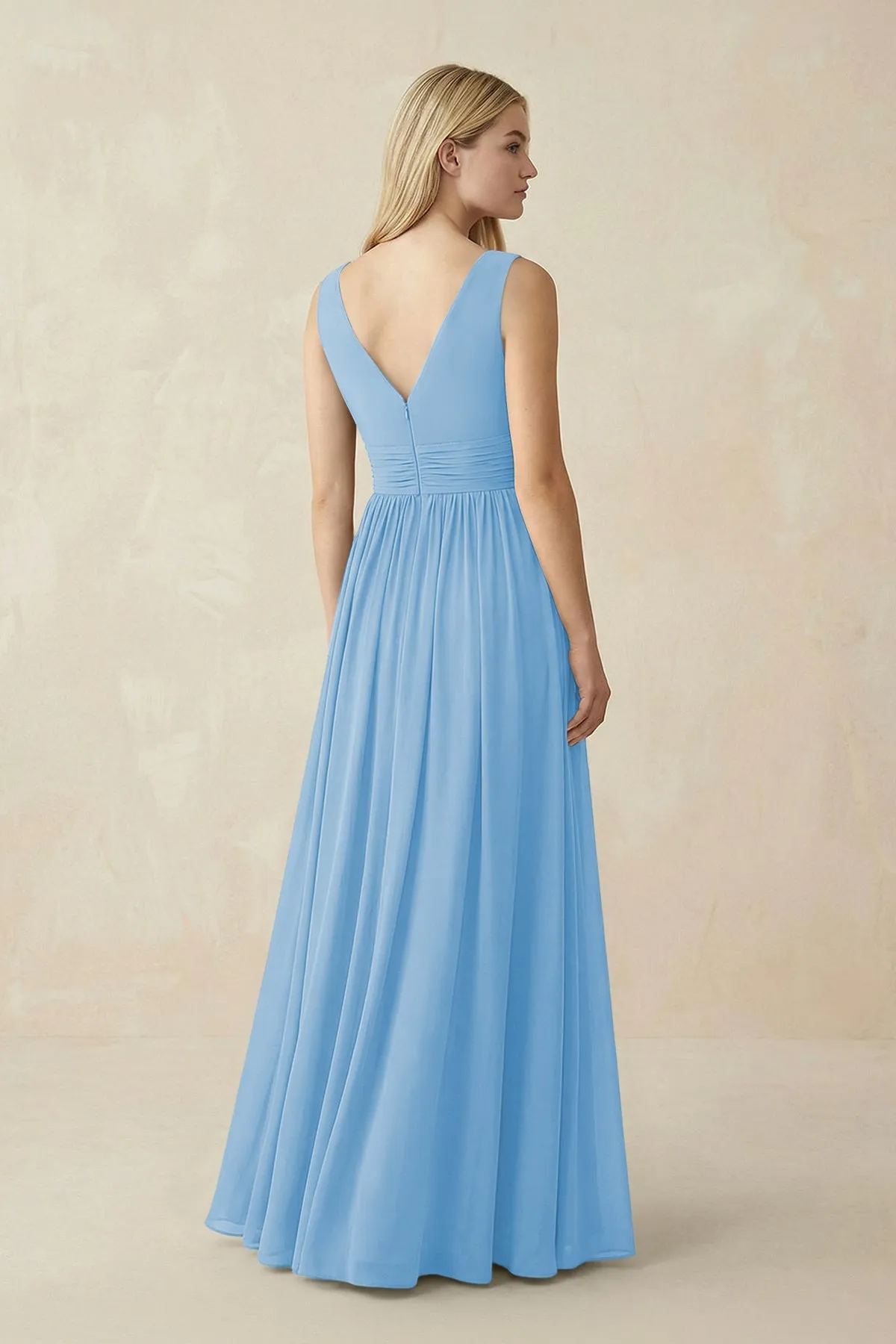 V-Neck Chiffon Pleated A-Line Bridesmaid Dress in Steel Blue sold by KissProm product image thumbnail 2