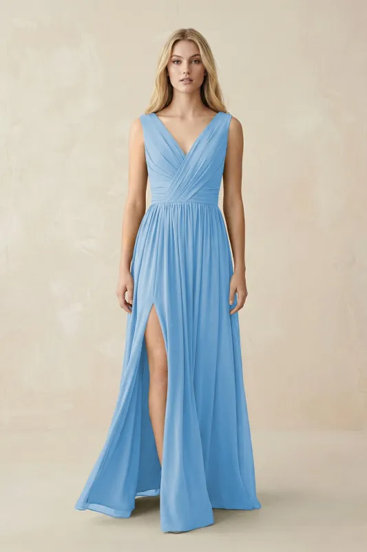 V-Neck Chiffon Pleated A-Line Bridesmaid Dress in Steel Blue made by KissProm