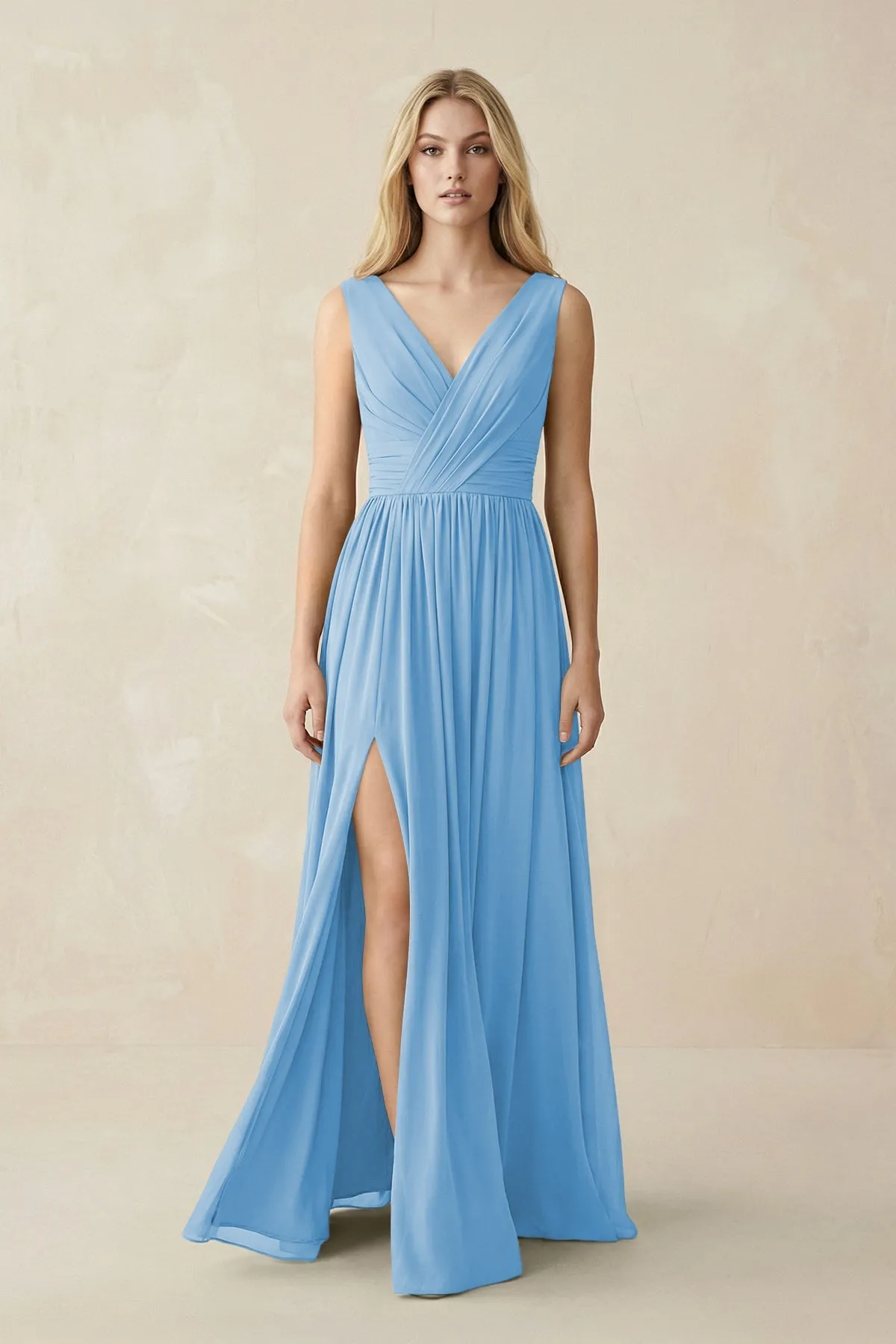 V-Neck Chiffon Pleated A-Line Bridesmaid Dress in Steel Blue sold by KissProm
