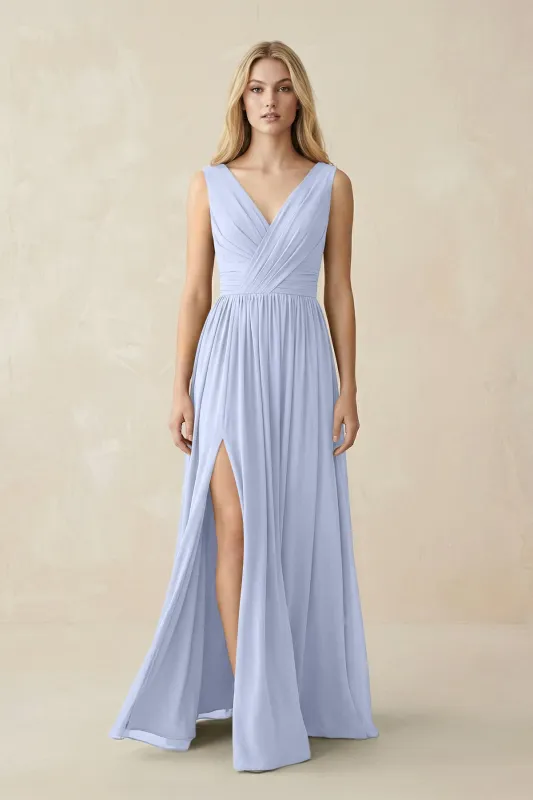 V-Neck Chiffon Pleated A-Line Bridesmaid Dress in Ice made by KissProm