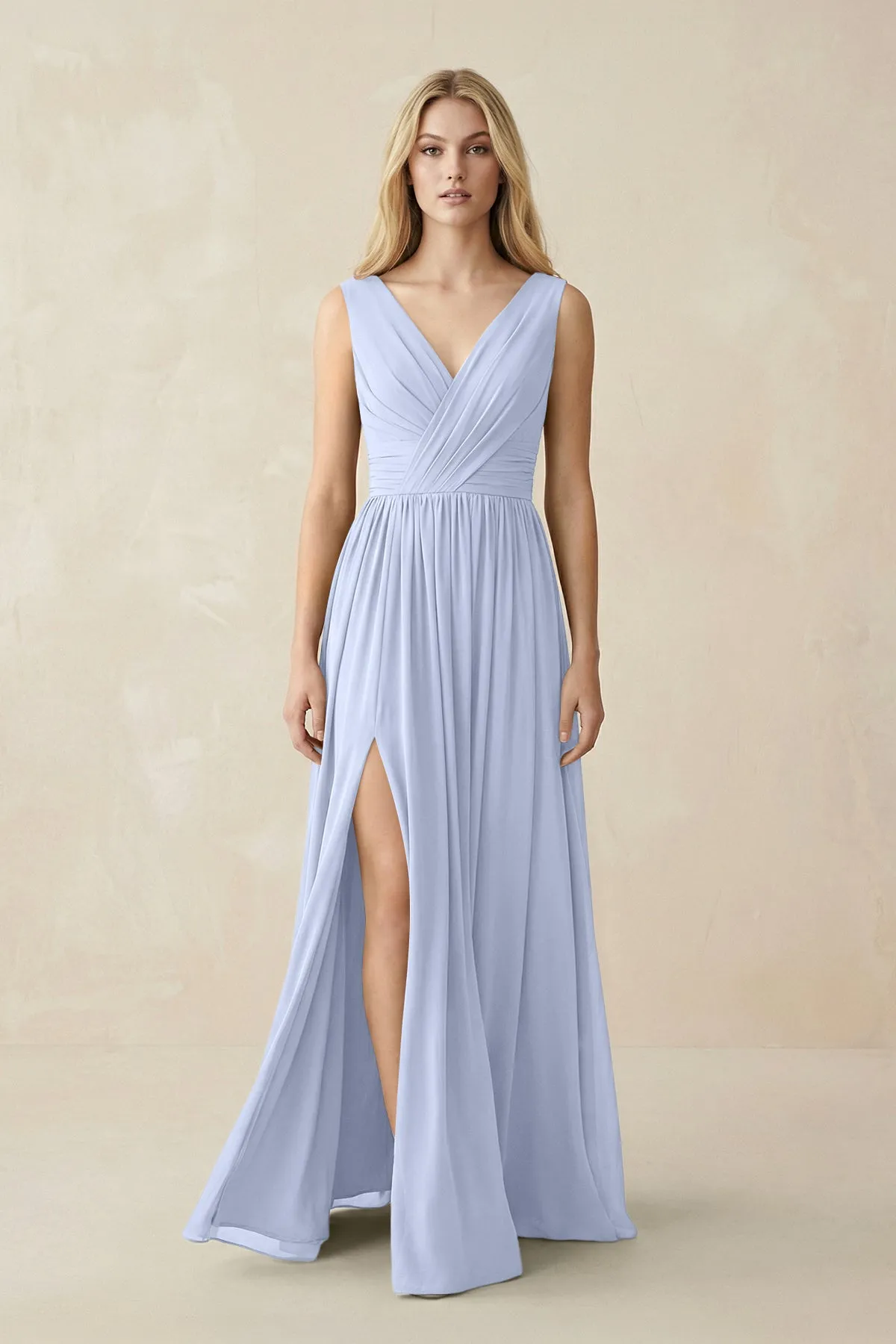 V-Neck Chiffon Pleated A-Line Bridesmaid Dress in Ice sold by KissProm