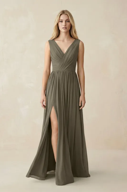 V-Neck Chiffon Pleated A-Line Bridesmaid Dress in Willow Green made by KissProm