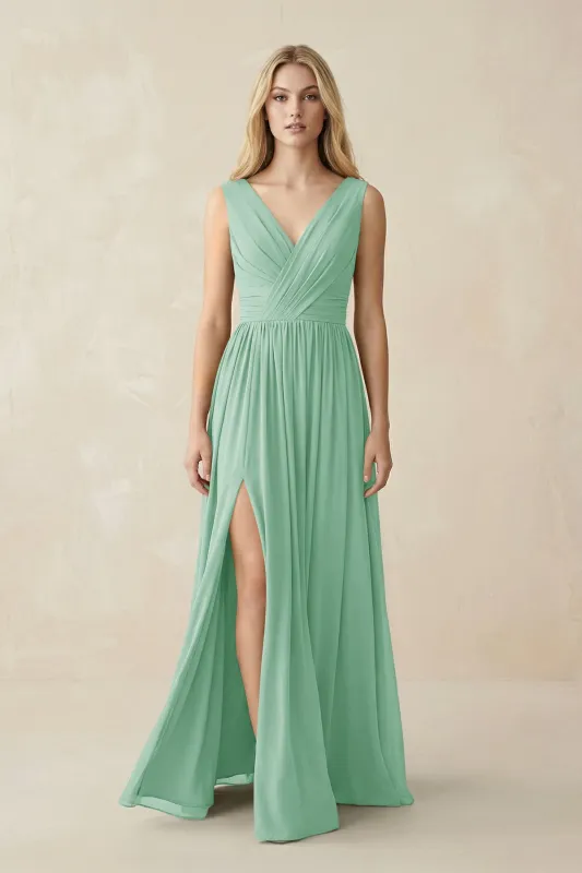 V-Neck Chiffon Pleated A-Line Bridesmaid Dress in Pale Pistachio made by KissProm