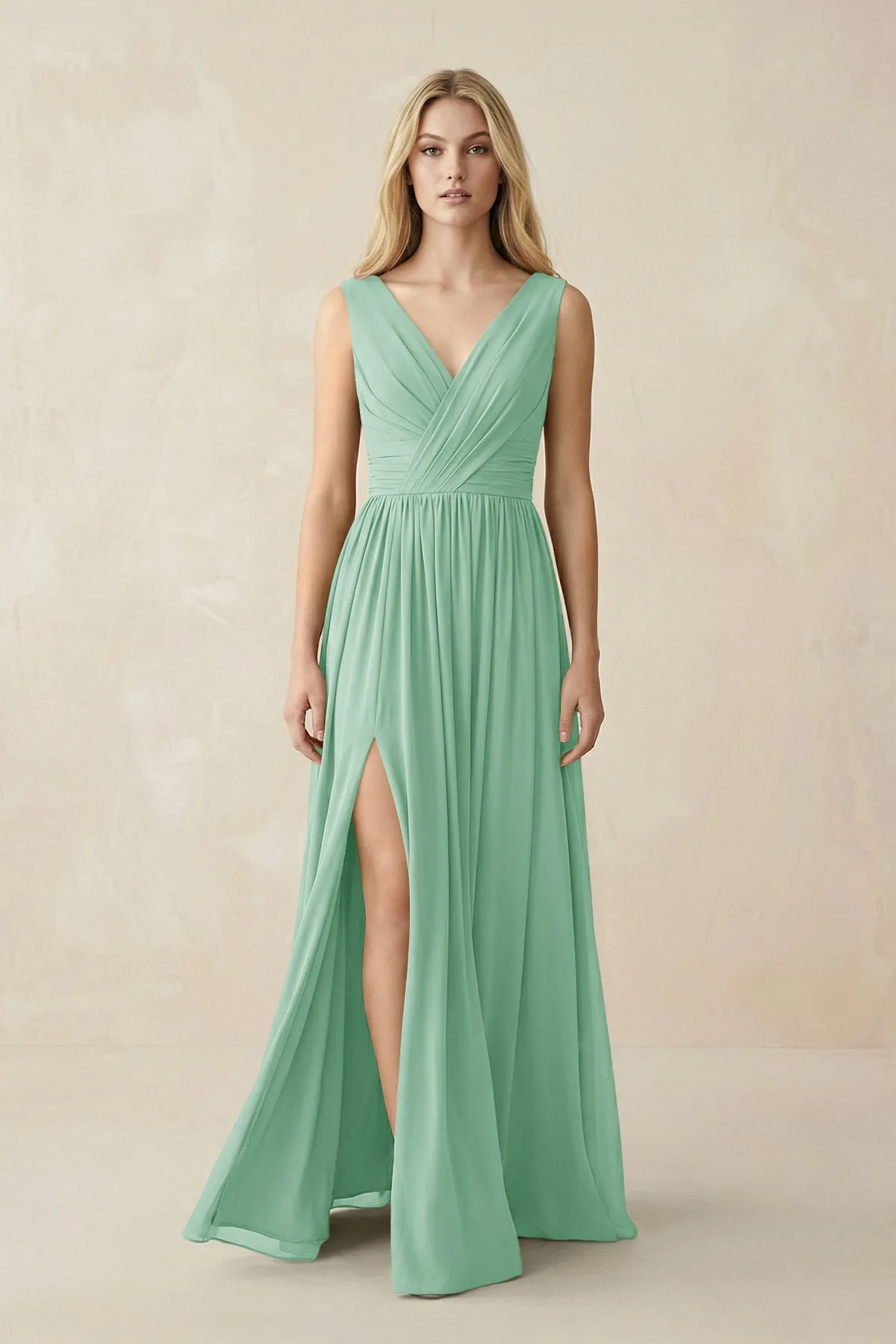 V-Neck Chiffon Pleated A-Line Bridesmaid Dress in Pale Pistachio sold by KissProm