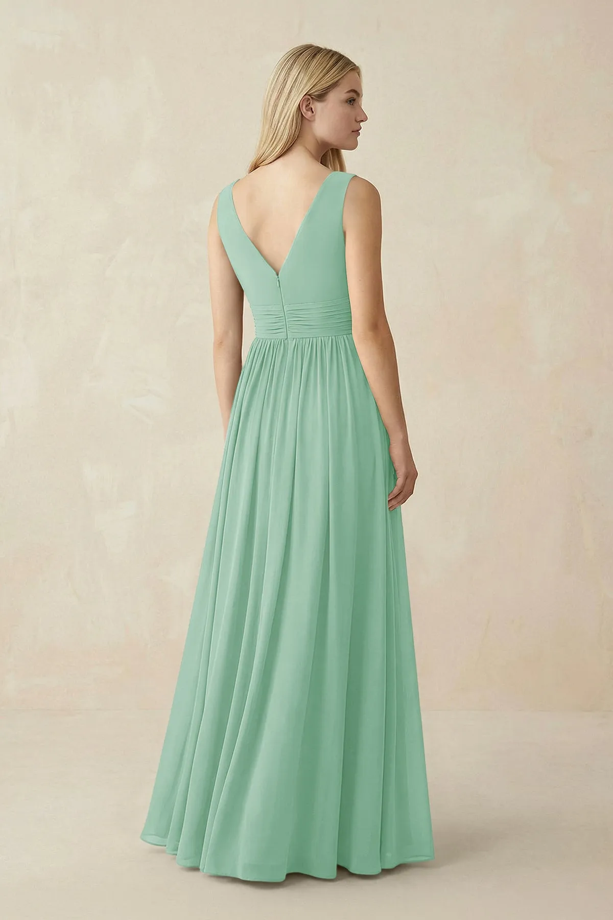 V-Neck Chiffon Pleated A-Line Bridesmaid Dress in Pale Pistachio sold by KissProm product image thumbnail 2