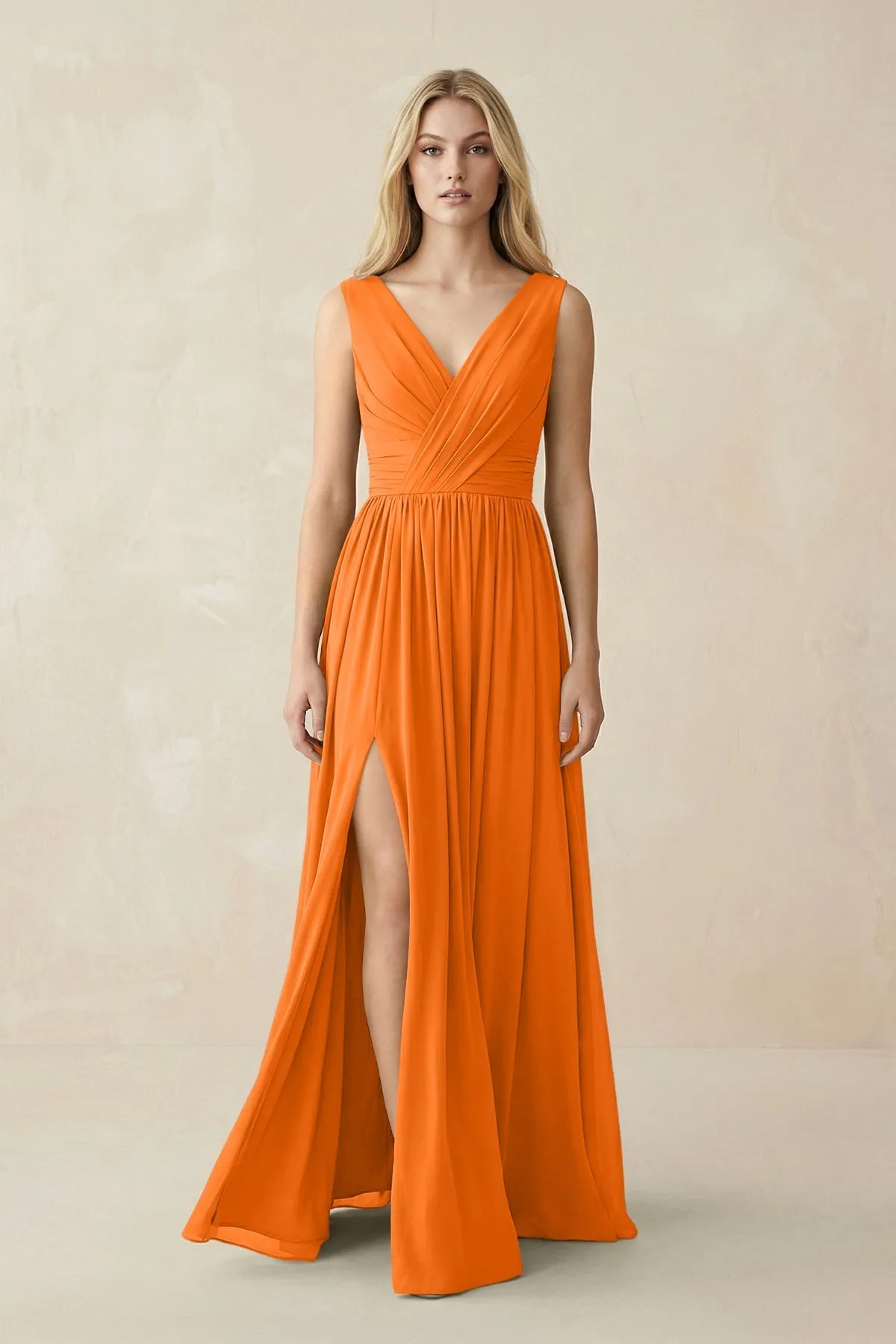 V-Neck Chiffon Pleated A-Line Bridesmaid Dress in Cinnamon sold by KissProm