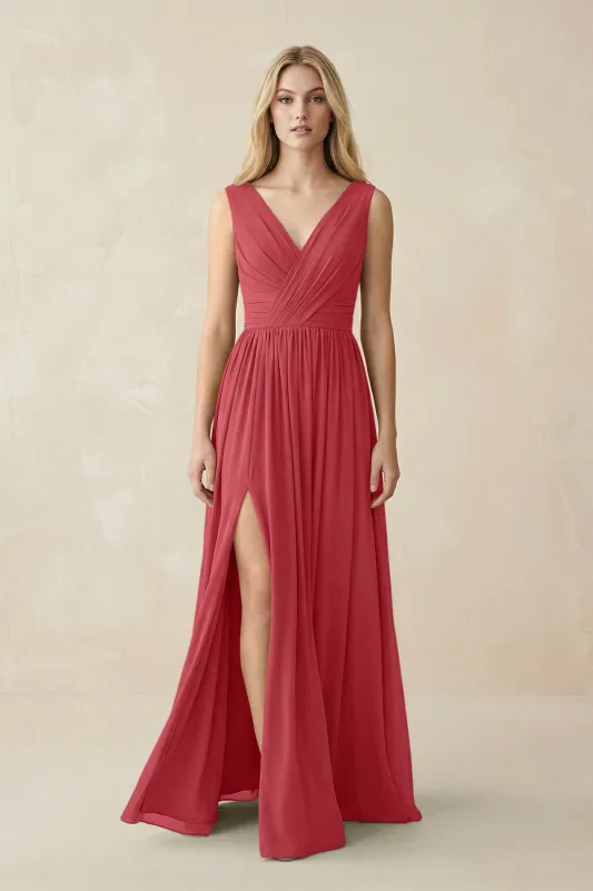 V-Neck Chiffon Pleated A-Line Bridesmaid Dress in Merlot made by KissProm