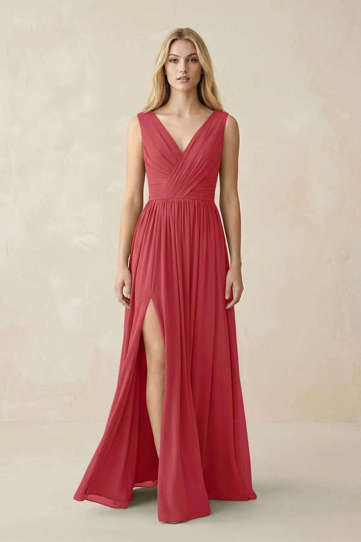 V-Neck Chiffon Pleated A-Line Bridesmaid Dress in Merlot sold by KissProm