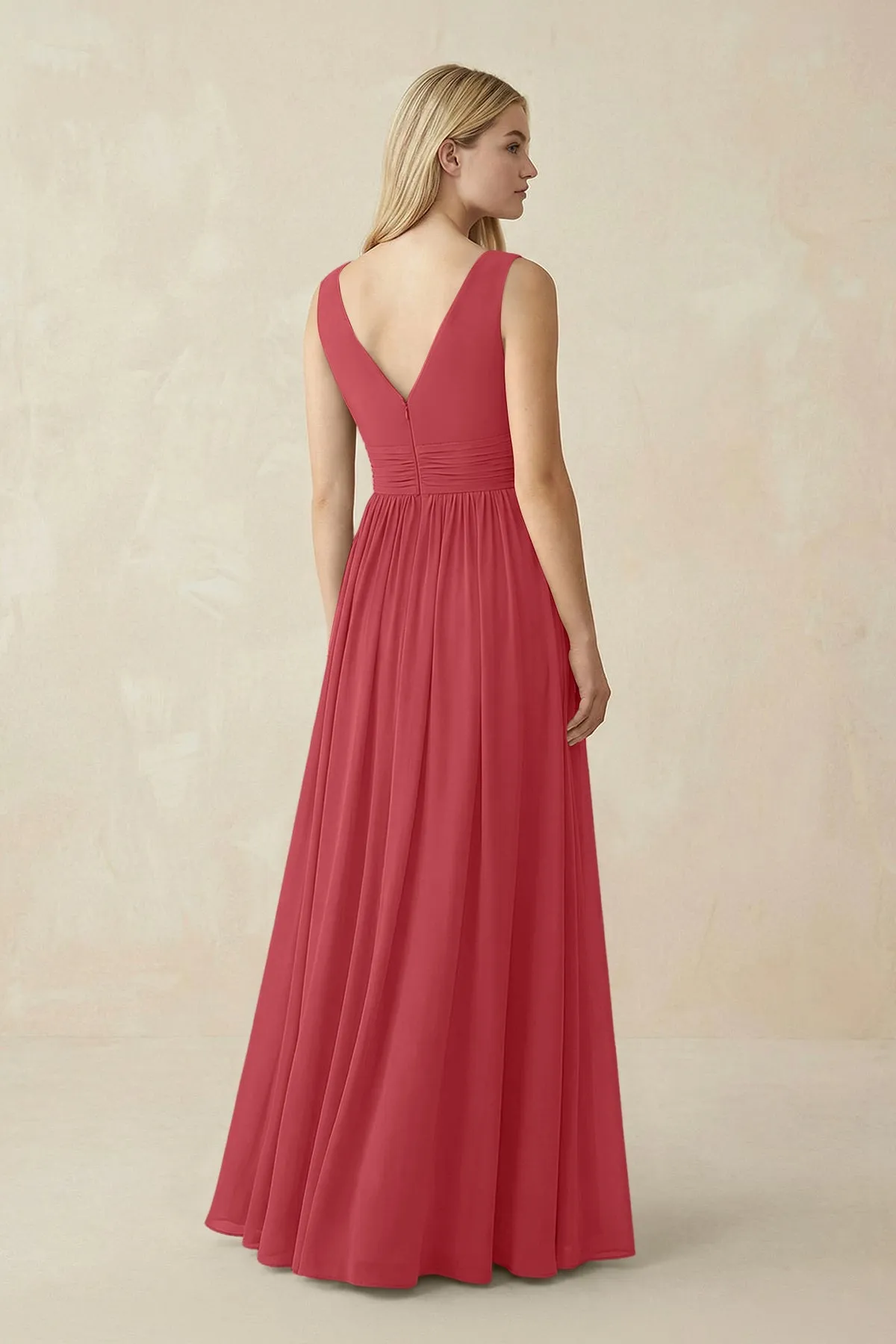 V-Neck Chiffon Pleated A-Line Bridesmaid Dress in Merlot sold by KissProm product image thumbnail 2