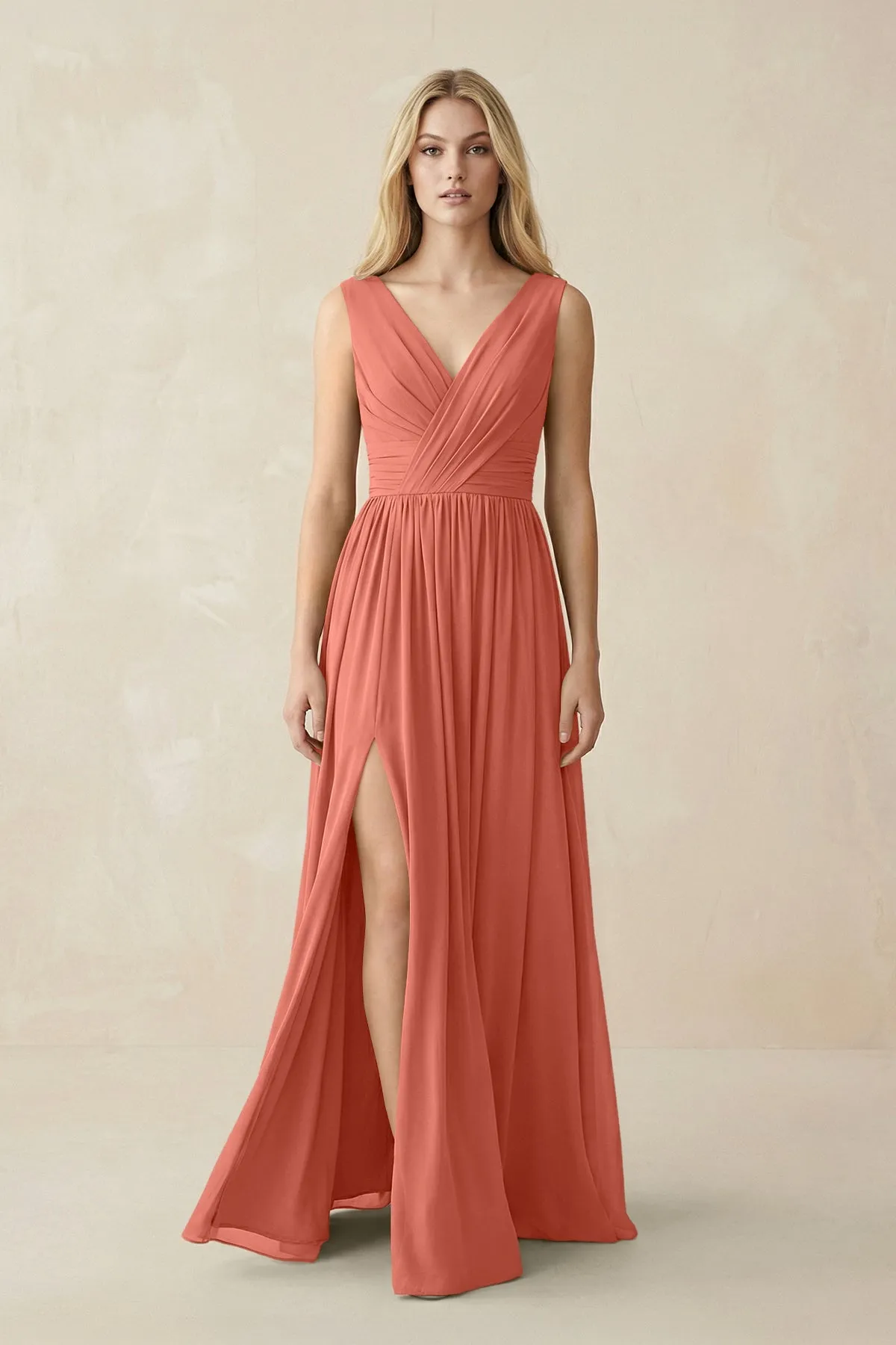 V-Neck Chiffon Pleated A-Line Bridesmaid Dress in Wild Rose sold by KissProm