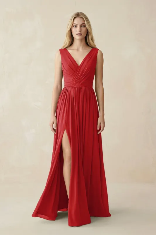 V-Neck Chiffon Pleated A-Line Bridesmaid Dress in Ruby Red made by KissProm