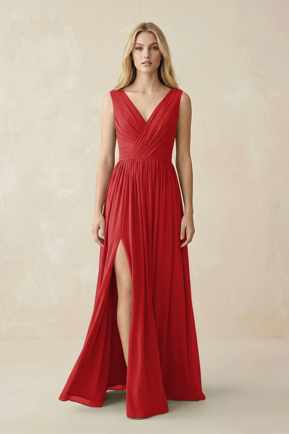 V-Neck Chiffon Pleated A-Line Bridesmaid Dress in Ruby Red sold by KissProm
